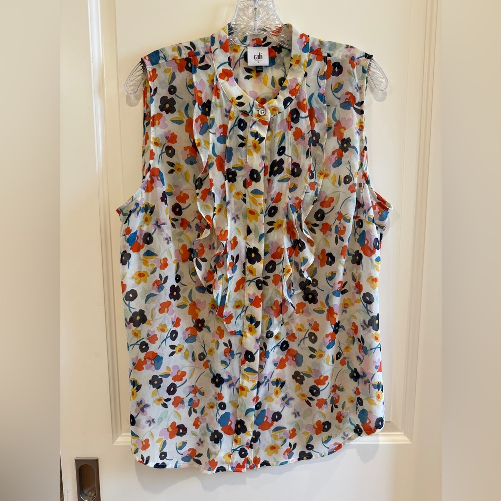 CAbi Tux Ruffle Top #6108 Floral Print Sleeveless Sheer Chiffon Blouse Size L